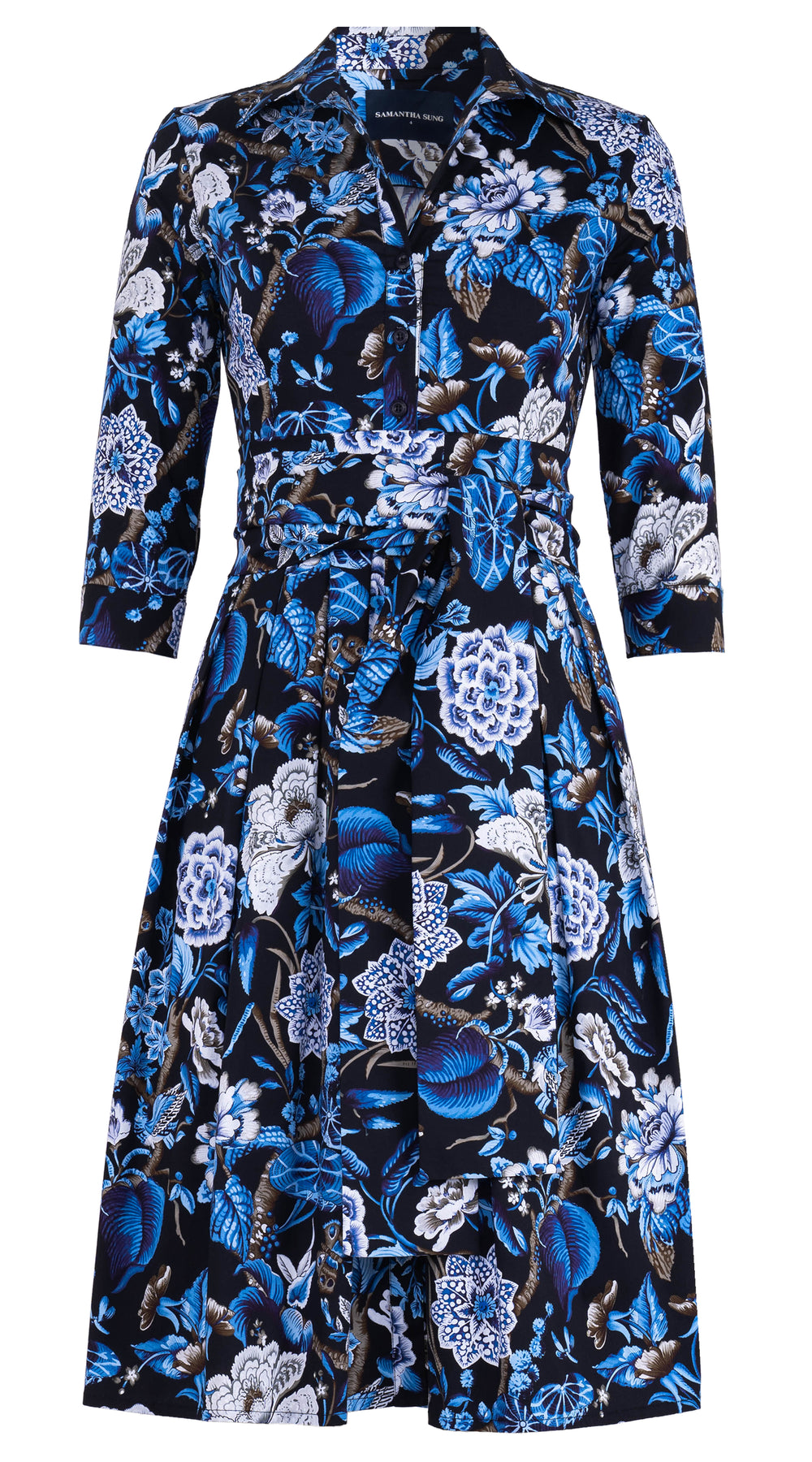 Audrey Dress #1 Shirt Collar 3/4 Sleeve Long Length Cotton Stretch (Hill Garden Ground) @4