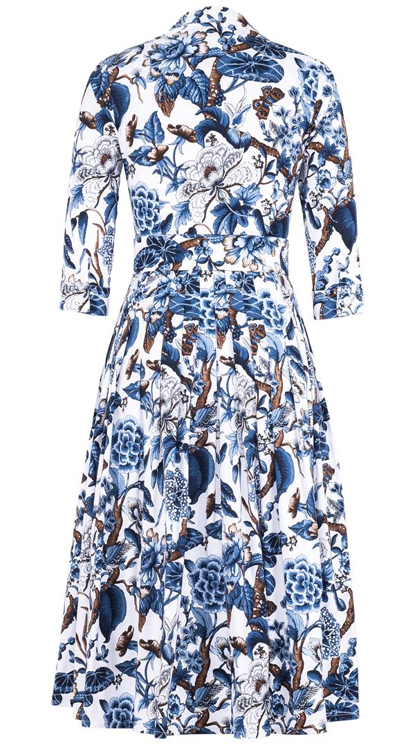 Audrey Dress #2 Shirt Collar 3/4 Sleeve Long Length Cotton Stretch (Hill Garden White) @3