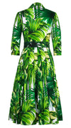 Audrey Dress #2 Shirt Collar 3/4 Sleeve Long Length Cotton Stretch (Honolulu Palm)