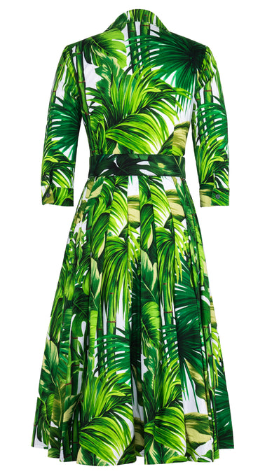 Audrey Dress #2 Shirt Collar 3/4 Sleeve Long Length Cotton Stretch (Honolulu Palm)