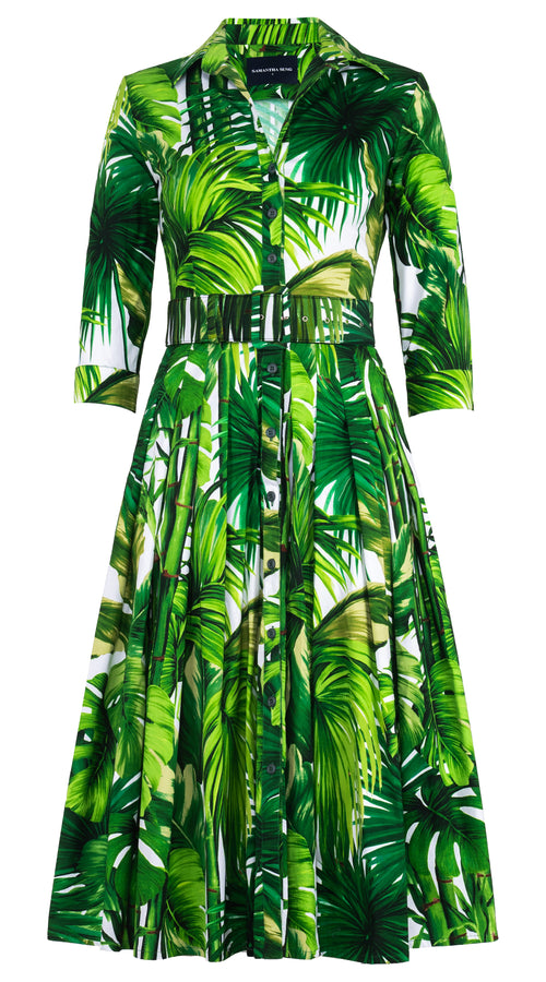 Audrey Dress #2 Shirt Collar 3/4 Sleeve Long Length Cotton Stretch (Honolulu Palm)