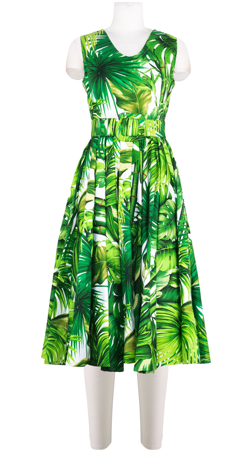 Abelia Dress V Neck Sleeveless Midi Length Cotton Stretch (Honolulu Palm)