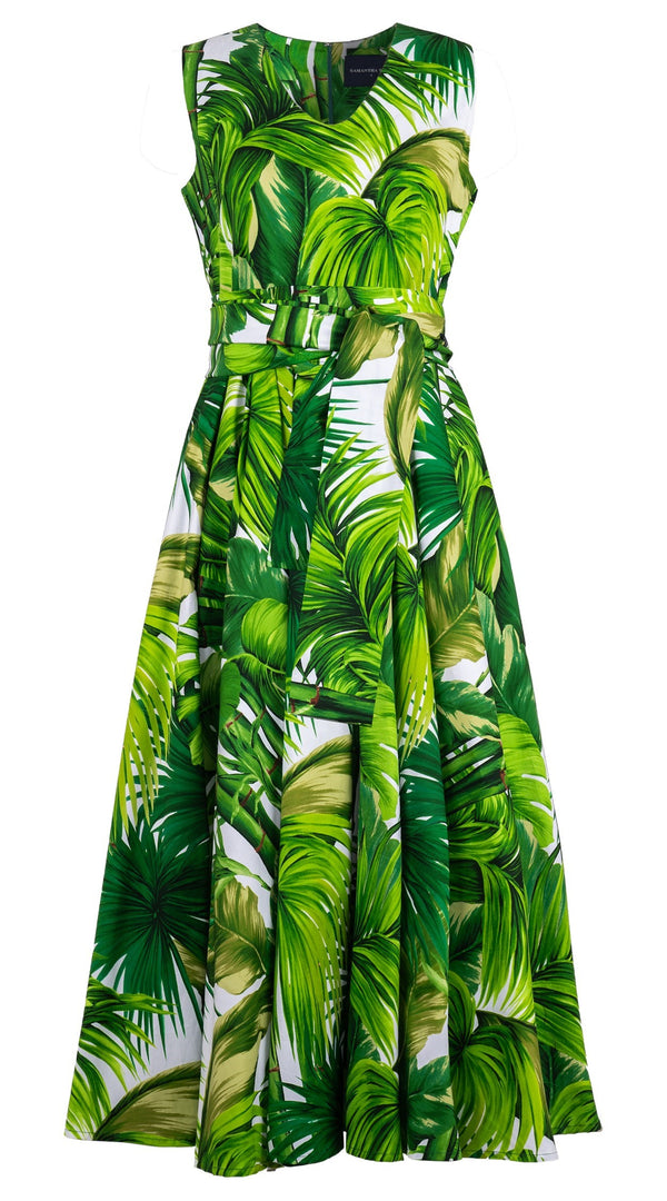 Abelia Dress V Neck Sleeveless Ankle Length Cotton Stretch (Honolulu Palm)