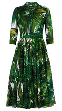 Aster Dress Shirt Collar 3/4 Sleeve Midi Length Cotton Musola (Honolulu Palm)