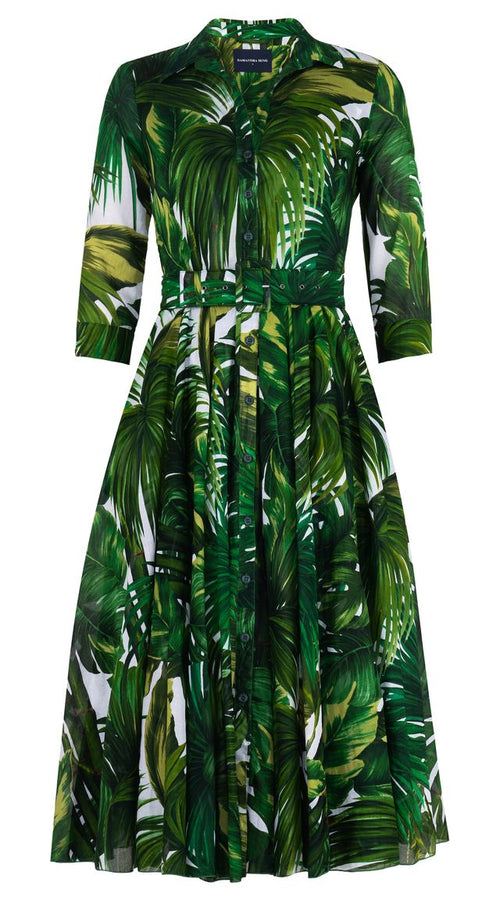 Aster Dress Shirt Collar 3/4 Sleeve Midi Length Cotton Musola (Honolulu Palm)