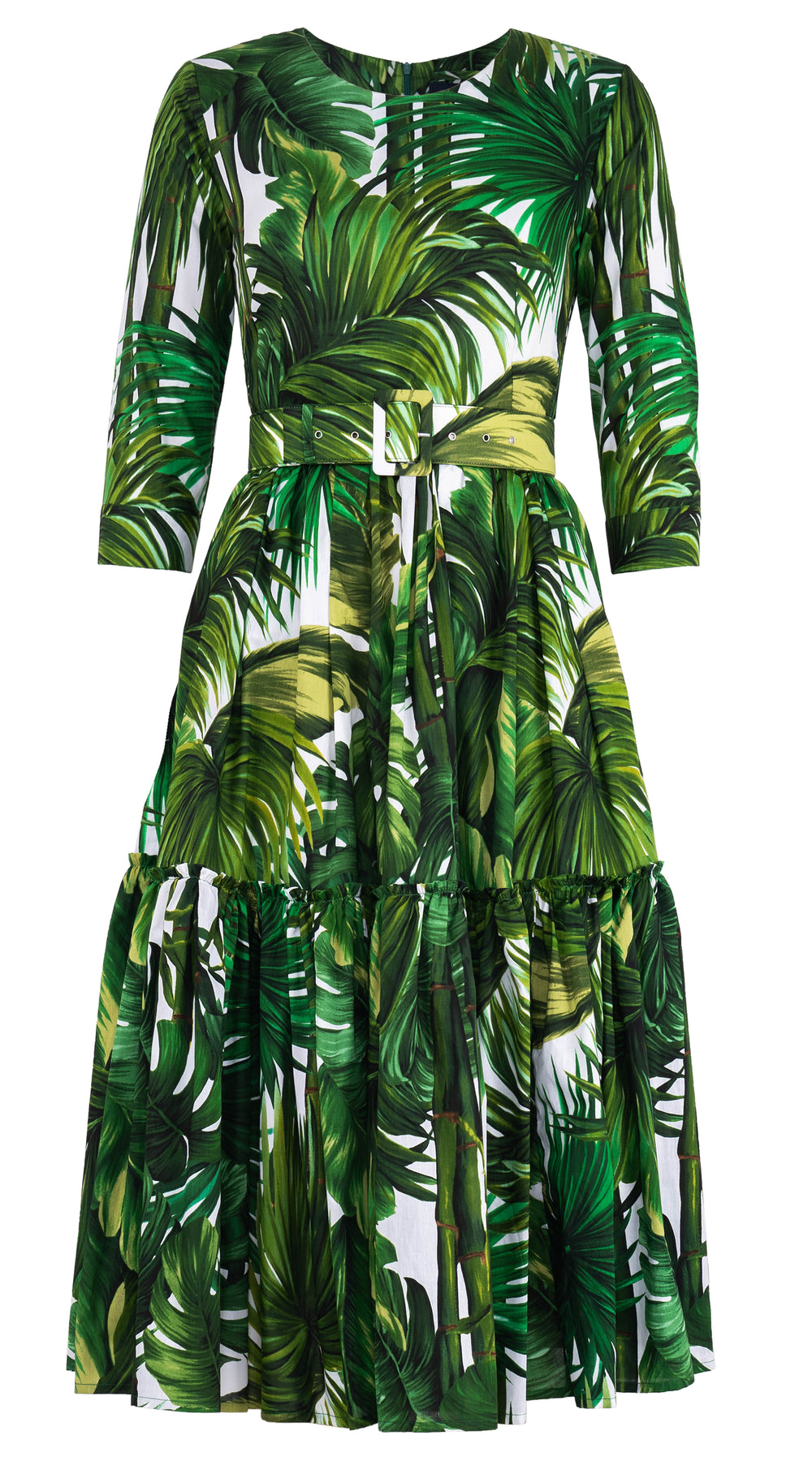 Melanie Dress Crew Neck 3/4 Sleeve Midi Cotton Lawn (Honolulu Palm)