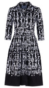 Audrey Dress #1 Shirt Collar 3/4 Sleeve Long Length Cotton Stretch (Horse Chain)