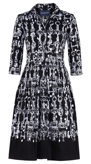Audrey Dress #1 Shirt Collar 3/4 Sleeve Long Length Cotton Stretch (Horse Chain)