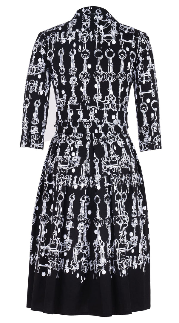 Audrey Dress #1 Shirt Collar 3/4 Sleeve Long Length Cotton Stretch (Horse Chain)