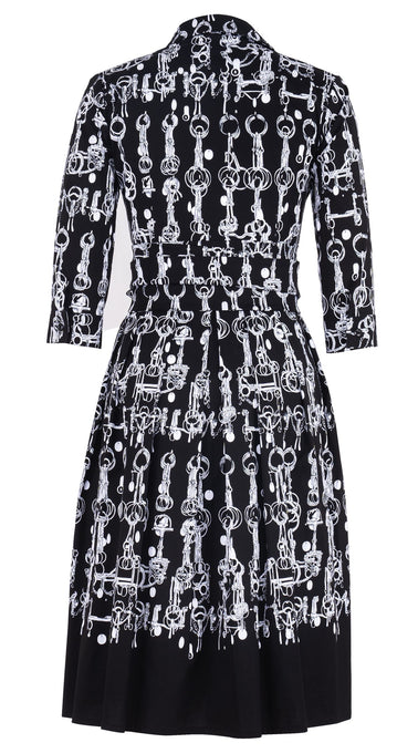 Audrey Dress #1 Shirt Collar 3/4 Sleeve Long Length Cotton Stretch (Horse Chain)