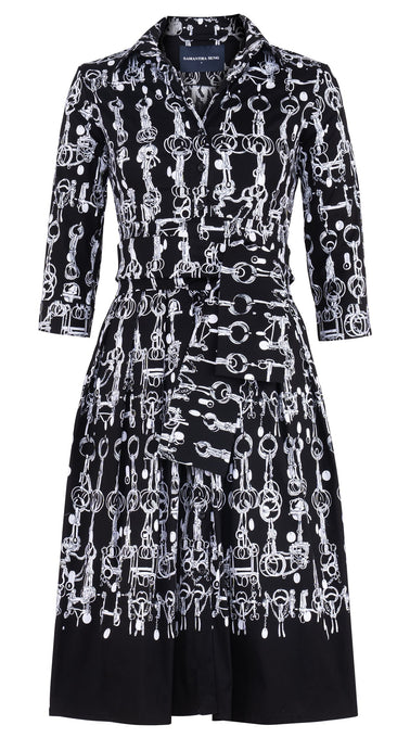 Audrey Dress #1 Shirt Collar 3/4 Sleeve Long Length Cotton Stretch (Horse Chain)