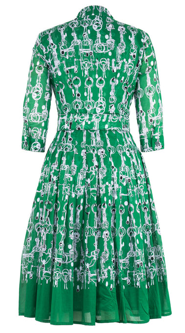 Audrey Dress #4 Shirt Collar 3/4 Sleeve Long Length Cotton Musola (Horse Chain)