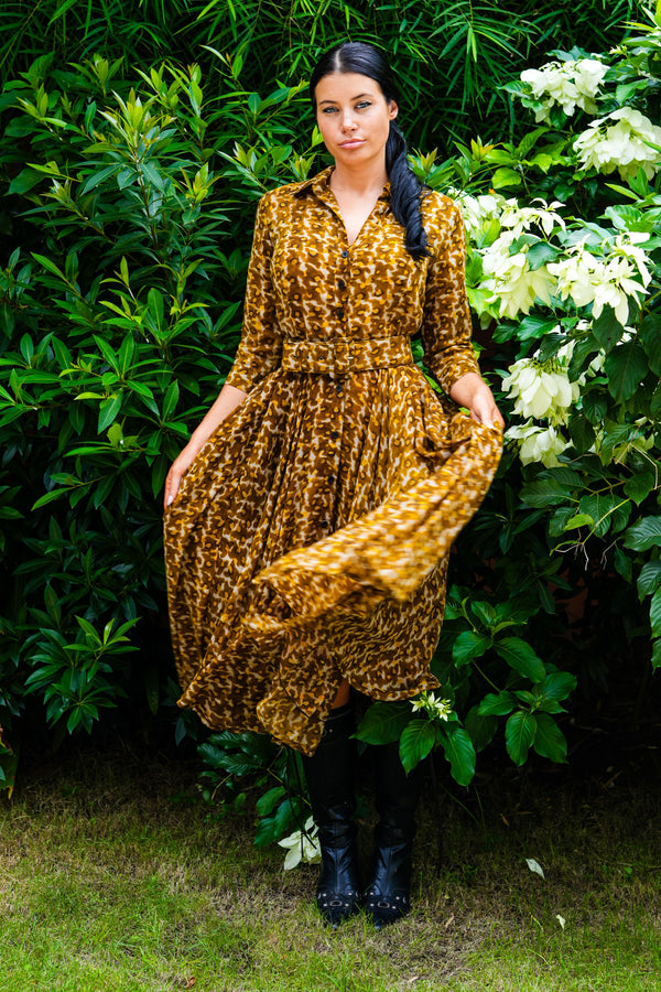 Aster Dress Shirt Collar 3/4 Sleeve Midi Length Wool (Hounds Dots) - Deep Mustard