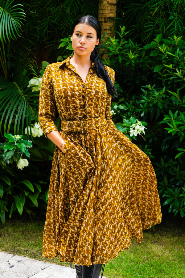 Aster Dress Shirt Collar 3/4 Sleeve Midi Length Wool (Hounds Dots) - Deep Mustard