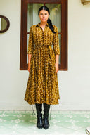 Aster Dress Shirt Collar 3/4 Sleeve Midi Length Wool (Hounds Dots) - Deep Mustard