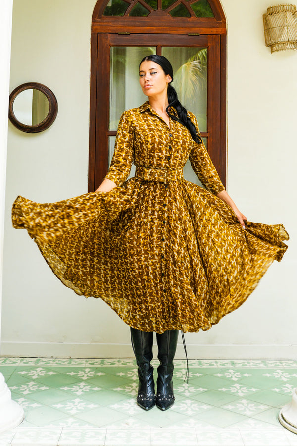 Aster Dress Shirt Collar 3/4 Sleeve Midi Length Wool (Hounds Dots) - Deep Mustard