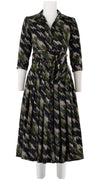 Audrey Dress #4 Shirt Collar 3/4 Sleeve Midi Length Wool Musola (Houndstooth Graphic)