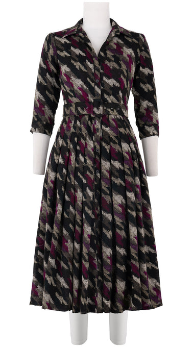 Audrey Dress #4 Shirt Collar 3/4 Sleeve Midi Length Wool Musola (Houndstooth Graphic)