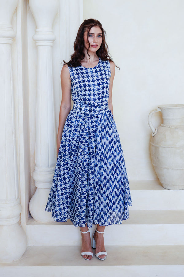 Aster Dress Crew Neck Sleeveless Midi Length Cotton Musola (Houndstooth Toile White)