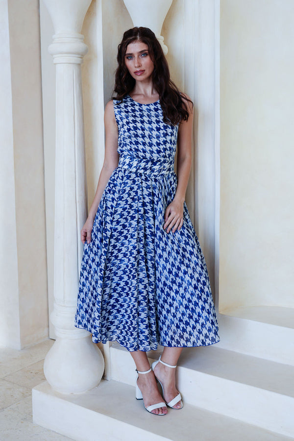 Aster Dress Crew Neck Sleeveless Midi Length Cotton Musola (Houndstooth Toile White)