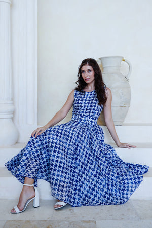 Aster Dress Crew Neck Sleeveless Midi Length Cotton Musola (Houndstooth Toile White)