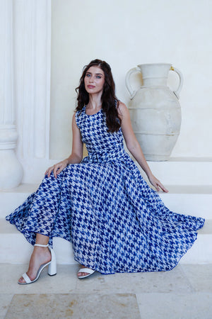 Aster Dress Crew Neck Sleeveless Midi Length Cotton Musola (Houndstooth Toile White)