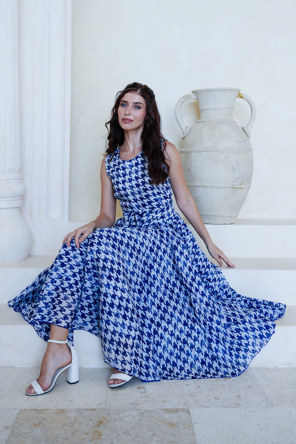 Aster Dress Crew Neck Sleeveless Midi Length Cotton Musola (Houndstooth Toile White)