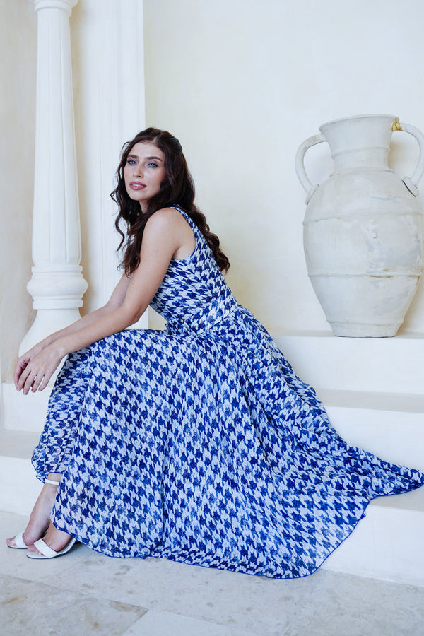Aster Dress Crew Neck Sleeveless Midi Length Cotton Musola (Houndstooth Toile White)