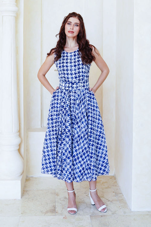 Aster Dress Crew Neck Sleeveless Midi Length Cotton Musola (Houndstooth Toile White)