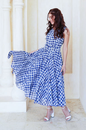 Aster Dress Crew Neck Sleeveless Midi Length Cotton Musola (Houndstooth Toile White)