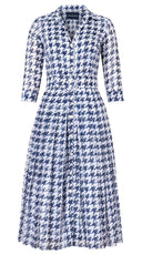 Audrey Dress #4 Shirt Collar 3/4 Sleeve Midi Length Cotton Musola (Houndstooth Toile White)