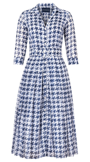 Audrey Dress #4 Shirt Collar 3/4 Sleeve Midi Length Cotton Musola (Houndstooth Toile White)
