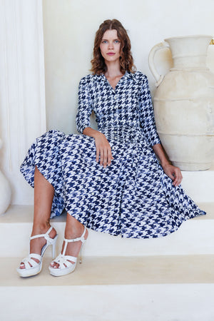 Laurent Dress Shirt Collar 3/4 Sleeve Long Length Cotton Stretch (Houndstooth Toile White)