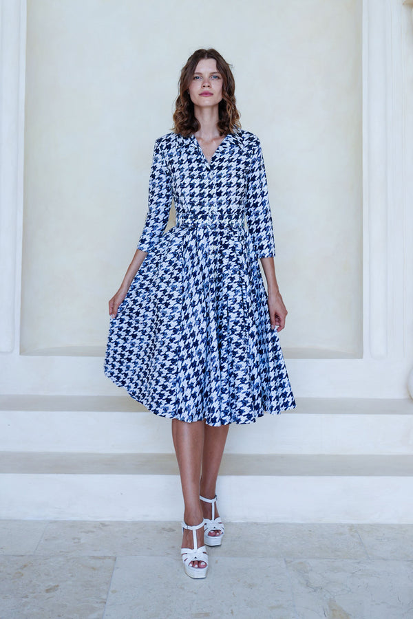 Laurent Dress Shirt Collar 3/4 Sleeve Long Length Cotton Stretch (Houndstooth Toile White)