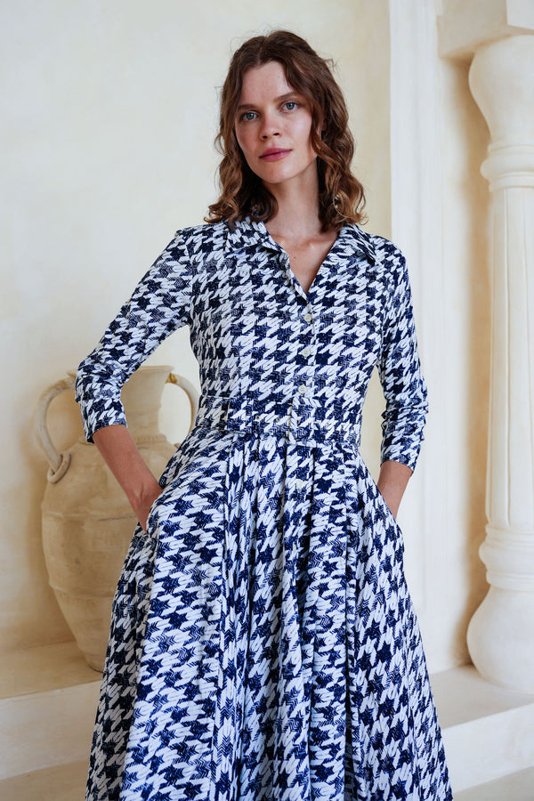 Laurent Dress Shirt Collar 3/4 Sleeve Long Length Cotton Stretch (Houndstooth Toile White)