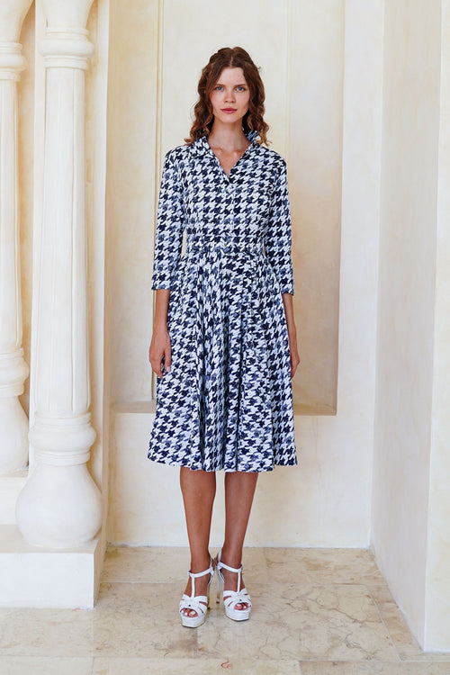 Laurent Dress Shirt Collar 3/4 Sleeve Long Length Cotton Stretch (Houndstooth Toile White)