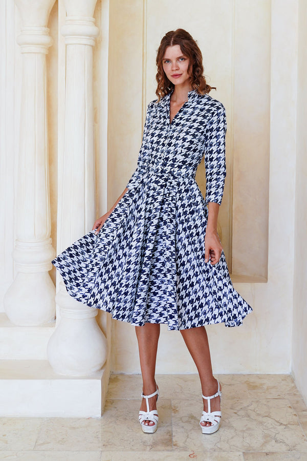 Laurent Dress Shirt Collar 3/4 Sleeve Long Length Cotton Stretch (Houndstooth Toile White)