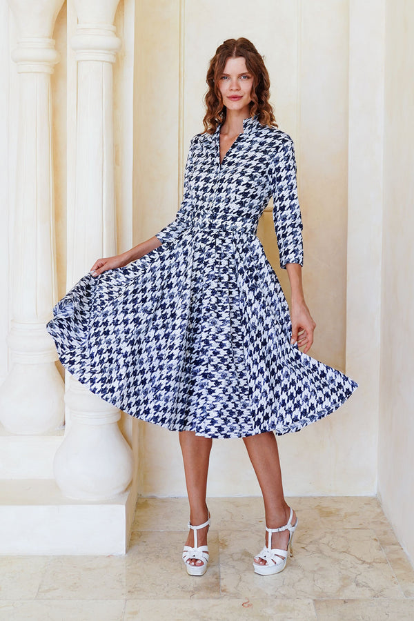 Laurent Dress Shirt Collar 3/4 Sleeve Long Length Cotton Stretch (Houndstooth Toile White)