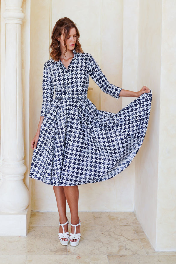 Laurent Dress Shirt Collar 3/4 Sleeve Long Length Cotton Stretch (Houndstooth Toile White)