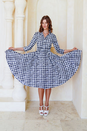 Laurent Dress Shirt Collar 3/4 Sleeve Long Length Cotton Stretch (Houndstooth Toile White)