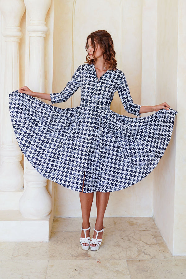 Laurent Dress Shirt Collar 3/4 Sleeve Long Length Cotton Stretch (Houndstooth Toile White)