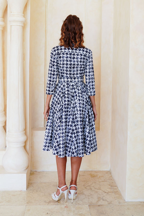 Laurent Dress Shirt Collar 3/4 Sleeve Long Length Cotton Stretch (Houndstooth Toile White)