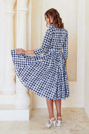 Laurent Dress Shirt Collar 3/4 Sleeve Long Length Cotton Stretch (Houndstooth Toile White)