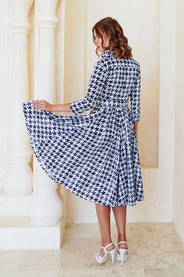 Laurent Dress Shirt Collar 3/4 Sleeve Long Length Cotton Stretch (Houndstooth Toile White)