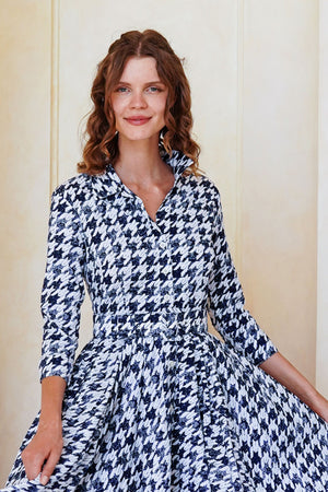 Laurent Dress Shirt Collar 3/4 Sleeve Long Length Cotton Stretch (Houndstooth Toile White)