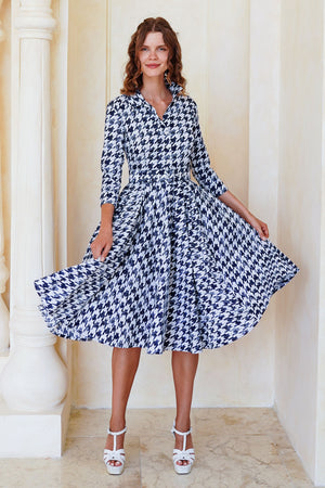 Laurent Dress Shirt Collar 3/4 Sleeve Long Length Cotton Stretch (Houndstooth Toile White)