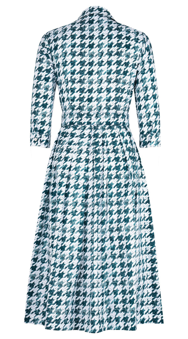 Audrey Dress #1 Shirt Collar 3/4 Sleeve Midi Length Cotton Stretch (Houndstooth Toile White)