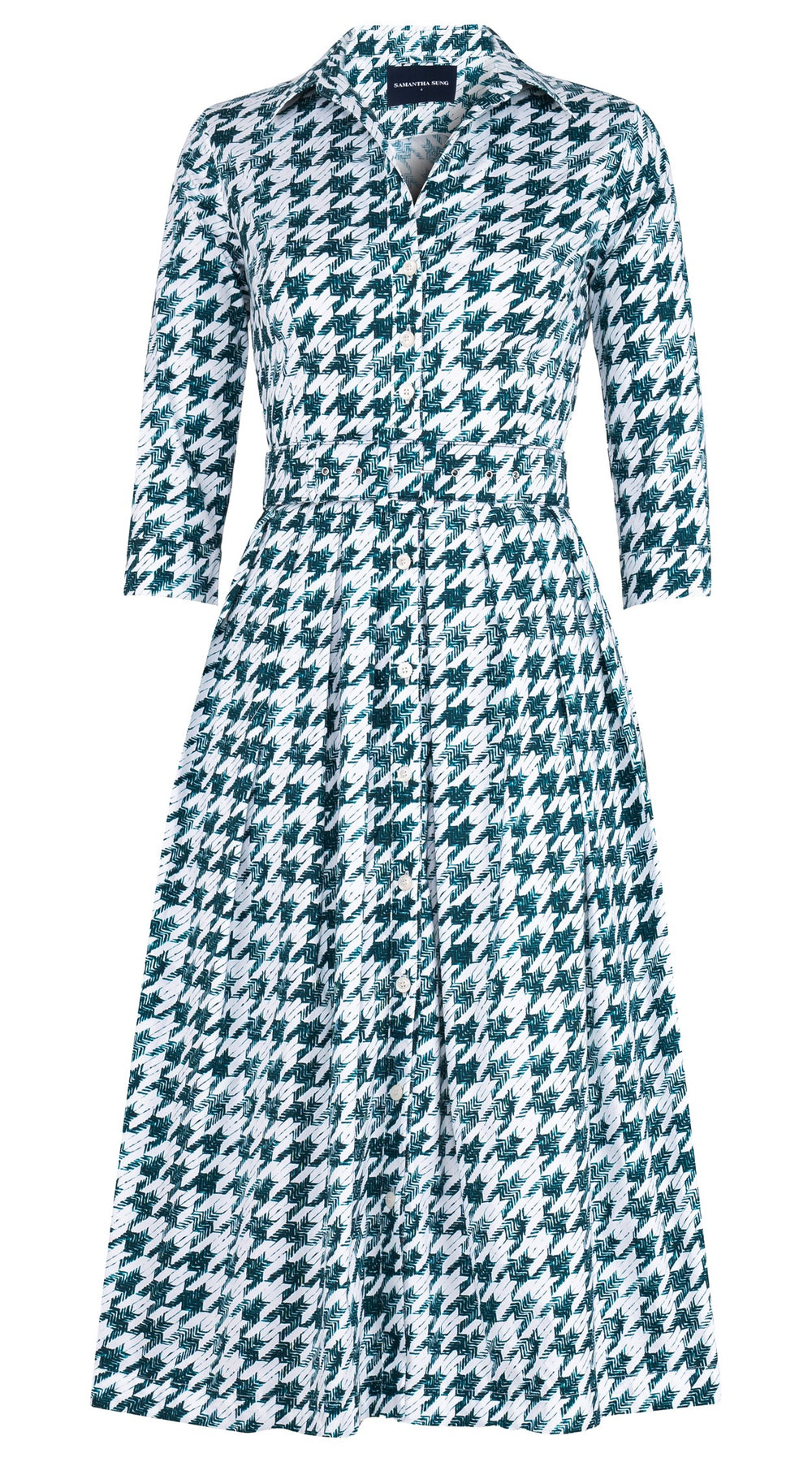 Audrey Dress #1 Shirt Collar 3/4 Sleeve Midi Length Cotton Stretch (Houndstooth Toile White)