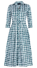 Audrey Dress #1 Shirt Collar 3/4 Sleeve Midi Length Cotton Stretch (Houndstooth Toile White)