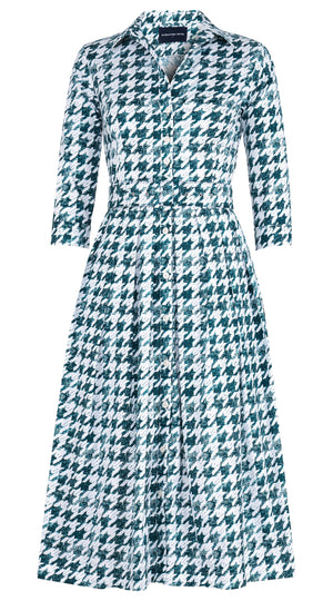 Audrey Dress #1 Shirt Collar 3/4 Sleeve Midi Length Cotton Stretch (Houndstooth Toile White)